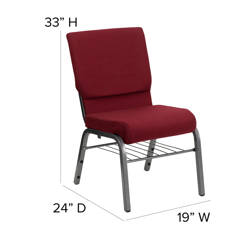 Casey 18.5''W Church Chair, Burgundy Fabric w/Book Rack - Silver Vein Frame iHome Studio