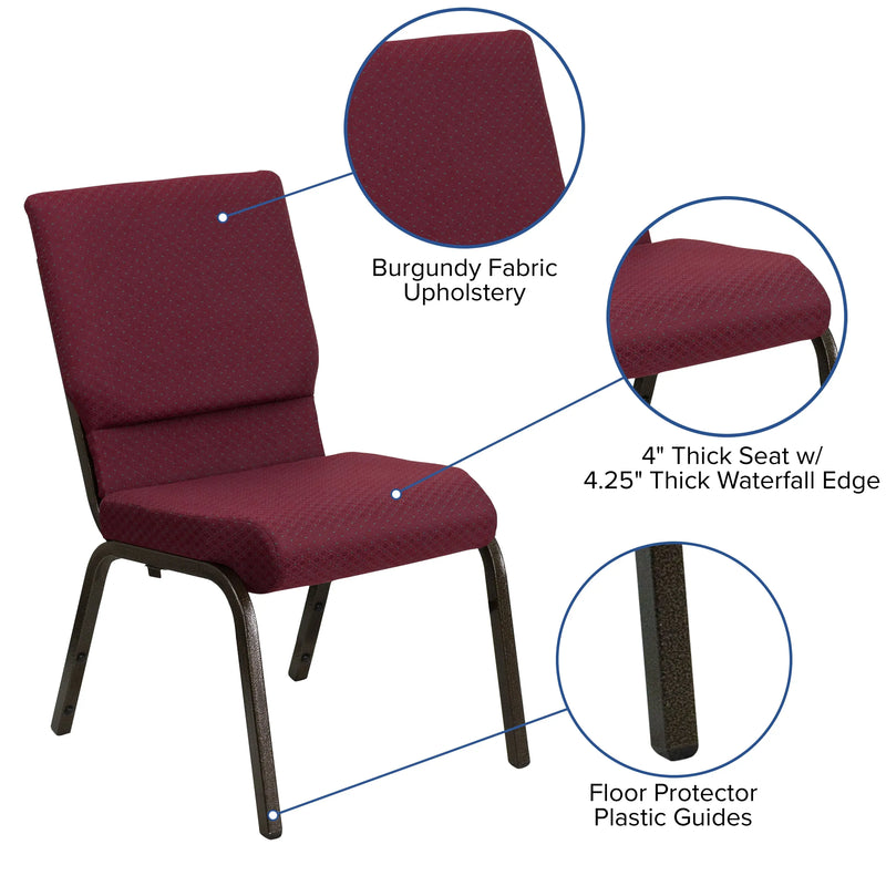 Casey 18.5''W Stacking Church Chair, Burgundy Patterned Fabric - Gold Vein Frame iHome Studio