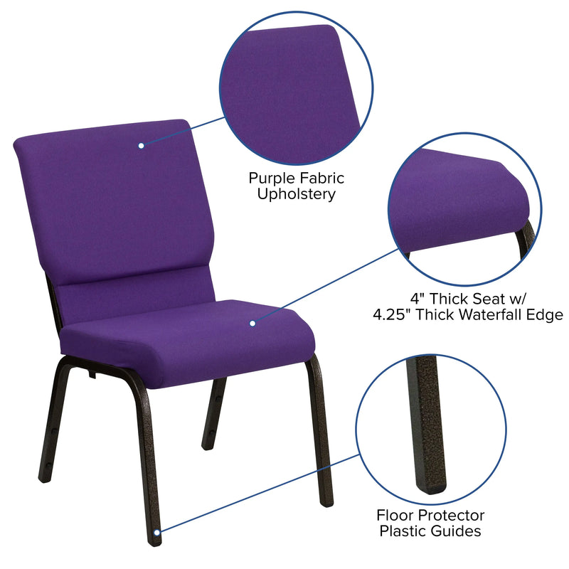 Casey 18.5''W Stacking Church Chair, Purple Fabric - Gold Vein Frame iHome Studio