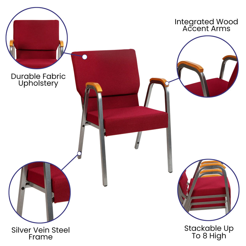 Casey 21"W Stacking Wood Accent Arm Church Chair, Burgundy Fabric - Silver Vein Frame iHome Studio