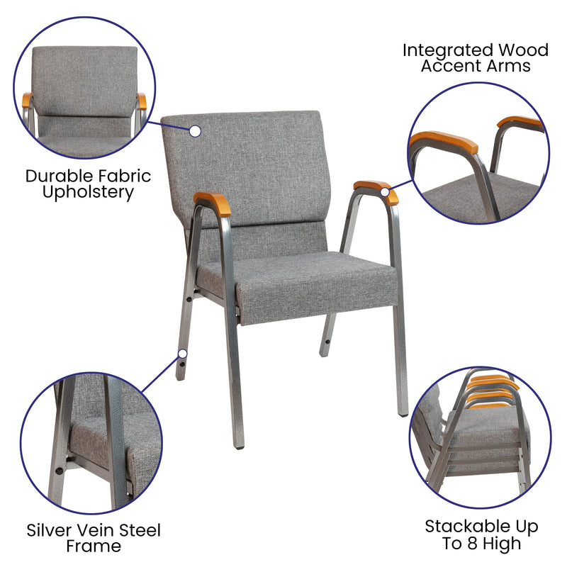 Casey 21"W Stacking Wood Accent Arm Church Chair, Gray Fabric - Silver Vein Frame iHome Studio