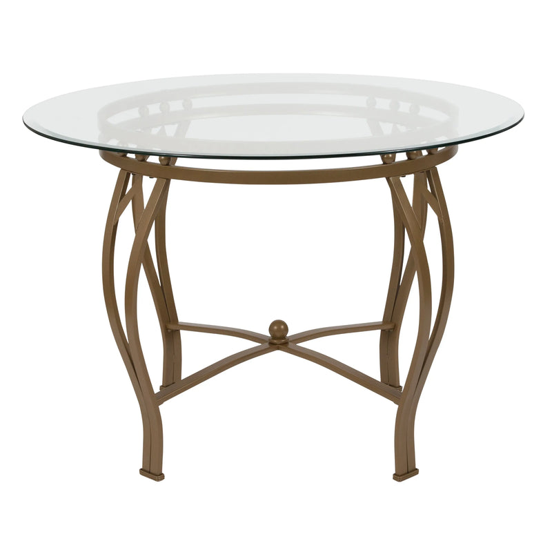 Casey 42'' Round Glass Dining Table with Matte Gold Metal Frame, Pedestal Base iHome Studio