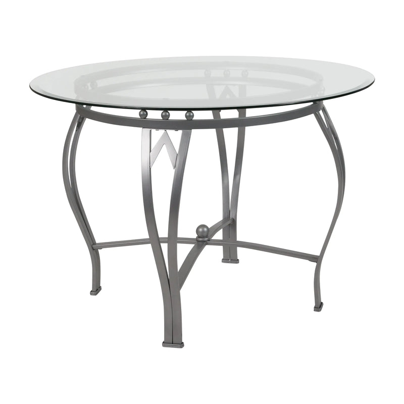 Casey 42'' Round Glass Dining Table with Silver Metal Frame, Pedestal Base iHome Studio