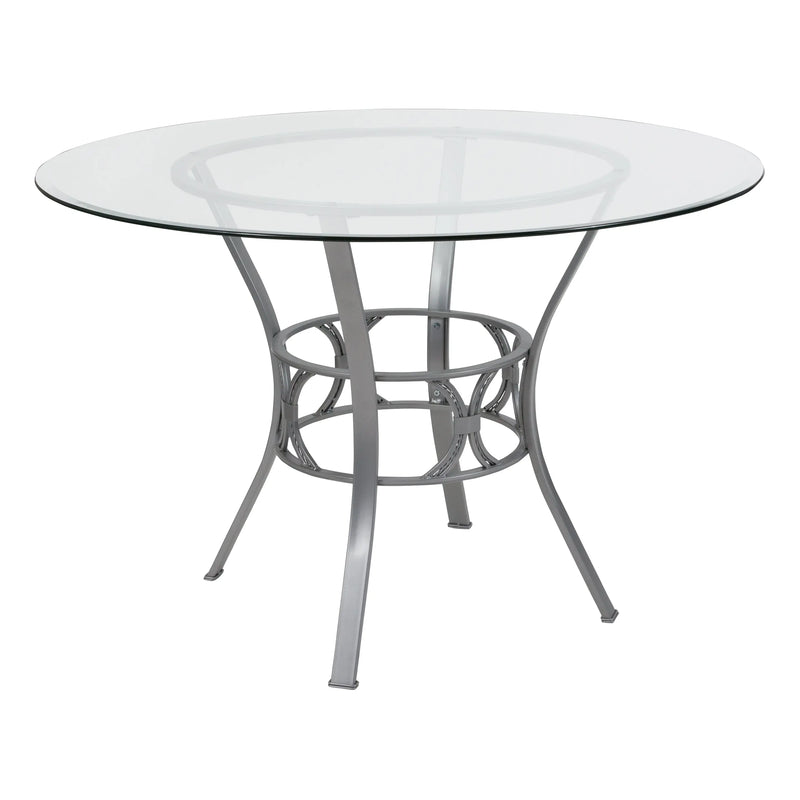 Casey 45'' Round Glass Dining Table with Silver Metal Frame, Decorative Support iHome Studio
