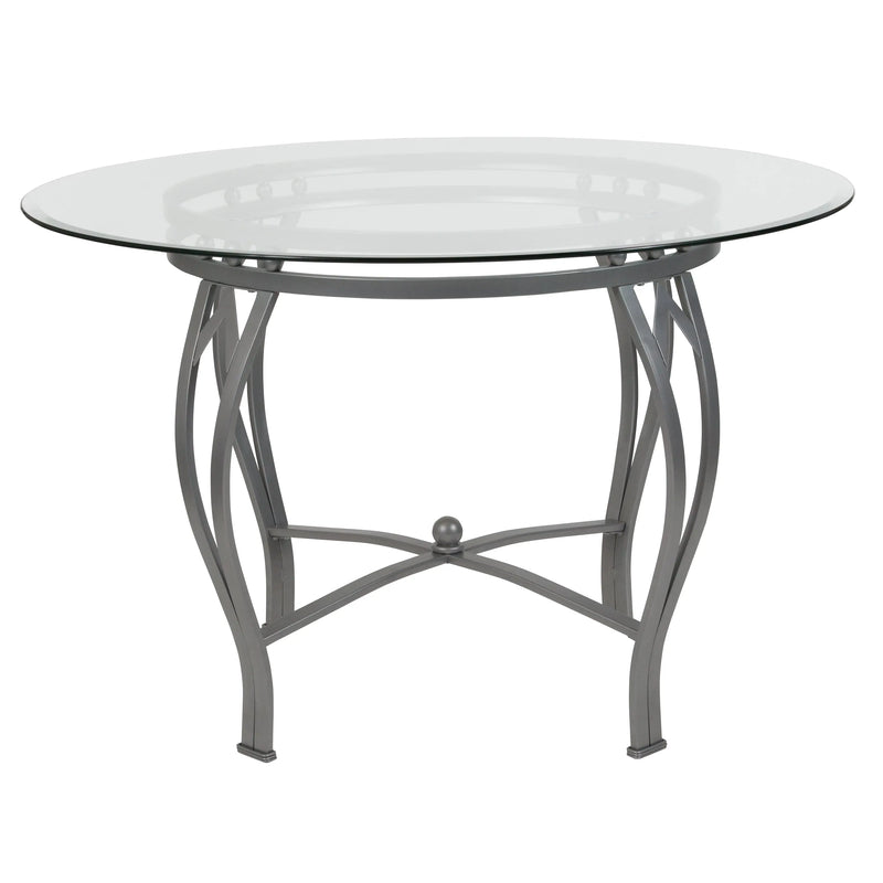 Casey 45'' Round Glass Dining Table with Silver Metal Frame, Pedestal Base iHome Studio