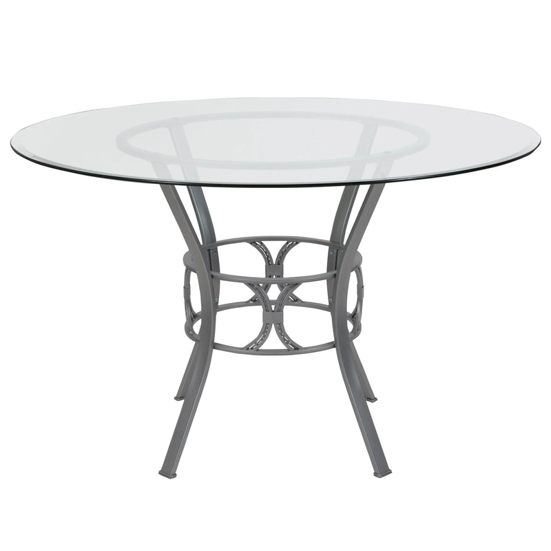 Casey 48'' Round Glass Dining Table with Silver Metal Frame, Decorative Support iHome Studio