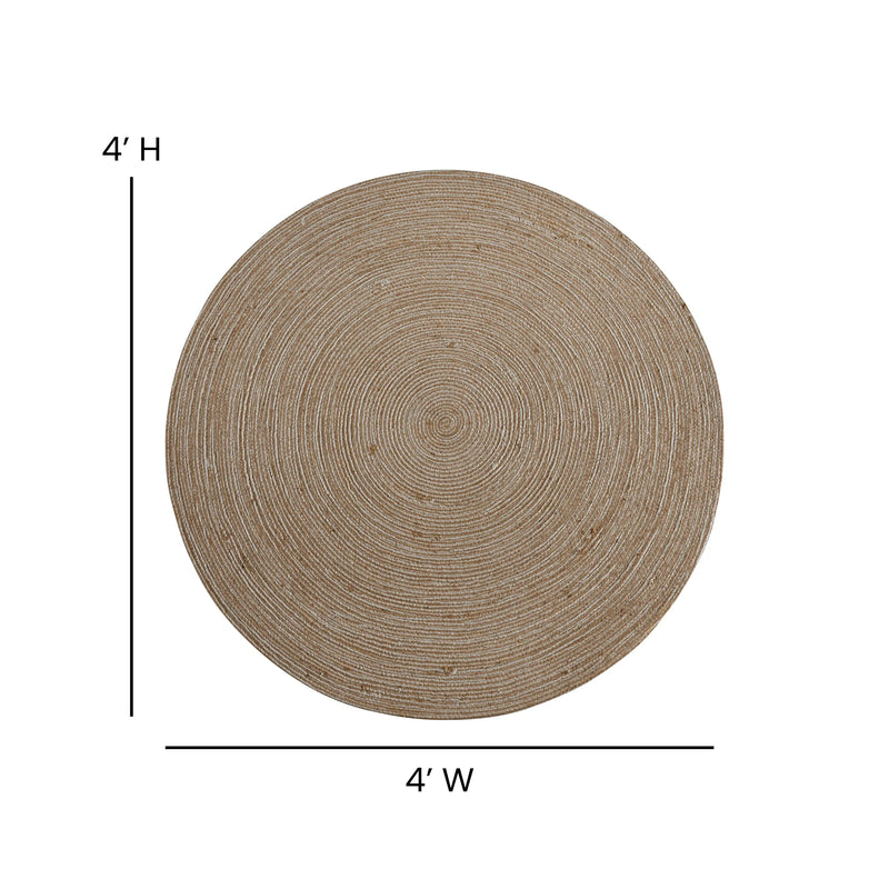 Casey Collection 4 Foot Round Braided Design Natural Jute and Polyester Blend Indoor Area Rug iHome Studio