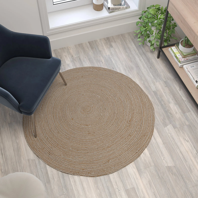Casey Collection 4 Foot Round Braided Design Natural Jute and Polyester Blend Indoor Area Rug iHome Studio