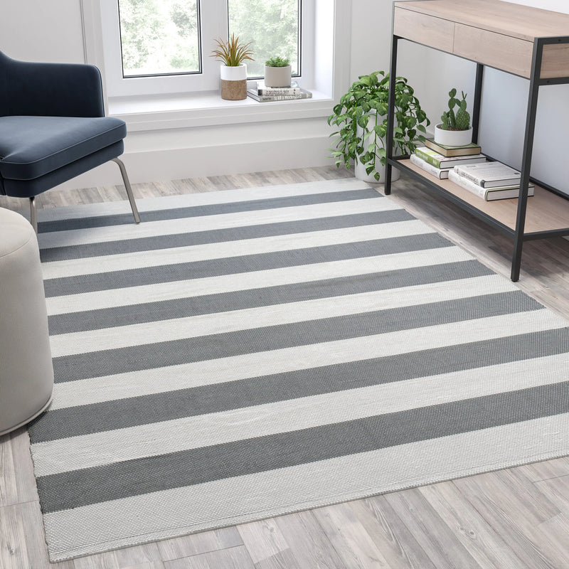 Casey Collection 5' x 7' Grey & White Striped Handwoven Indoor/Outdoor Cabana Style Stain Resistant Area Rug iHome Studio