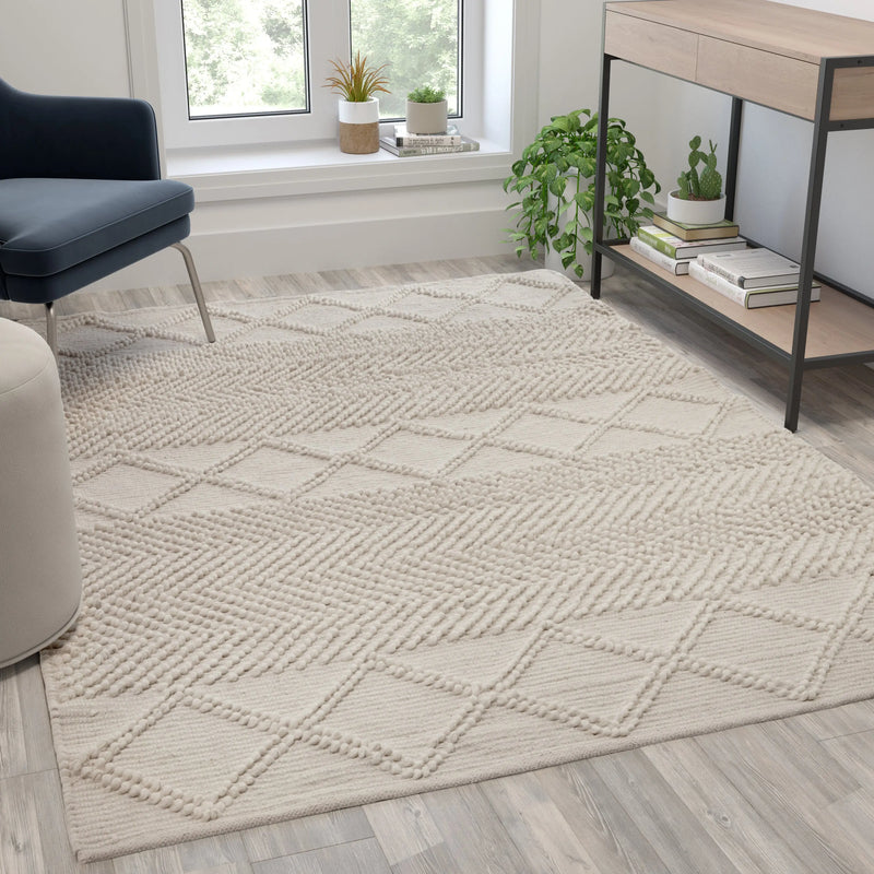 Casey Collection 5' x 7' Ivory & White Geometric Design Handwoven Area Rug - Wool/Polyester/CottonÂ Blend iHome Studio