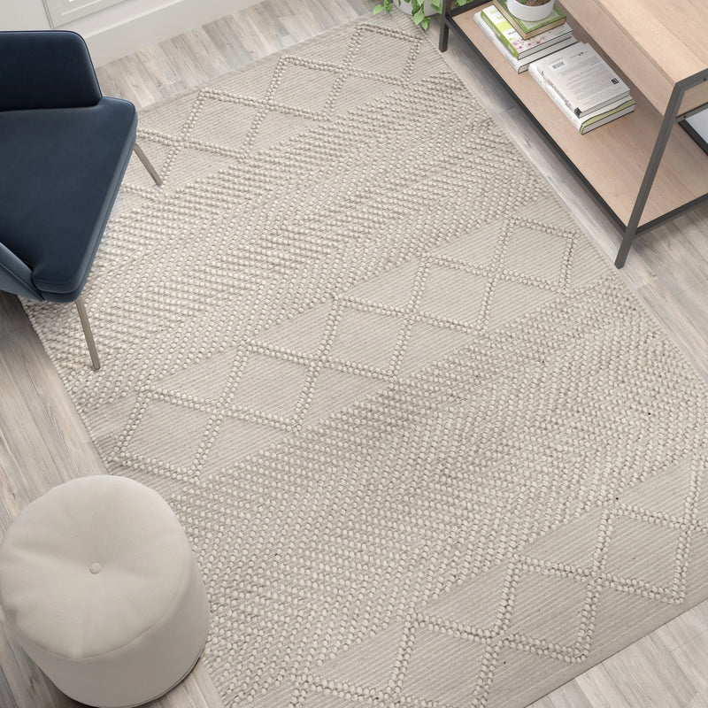Casey Collection 5' x 7' Ivory & White Geometric Design Handwoven Area Rug - Wool/Polyester/CottonÂ Blend iHome Studio