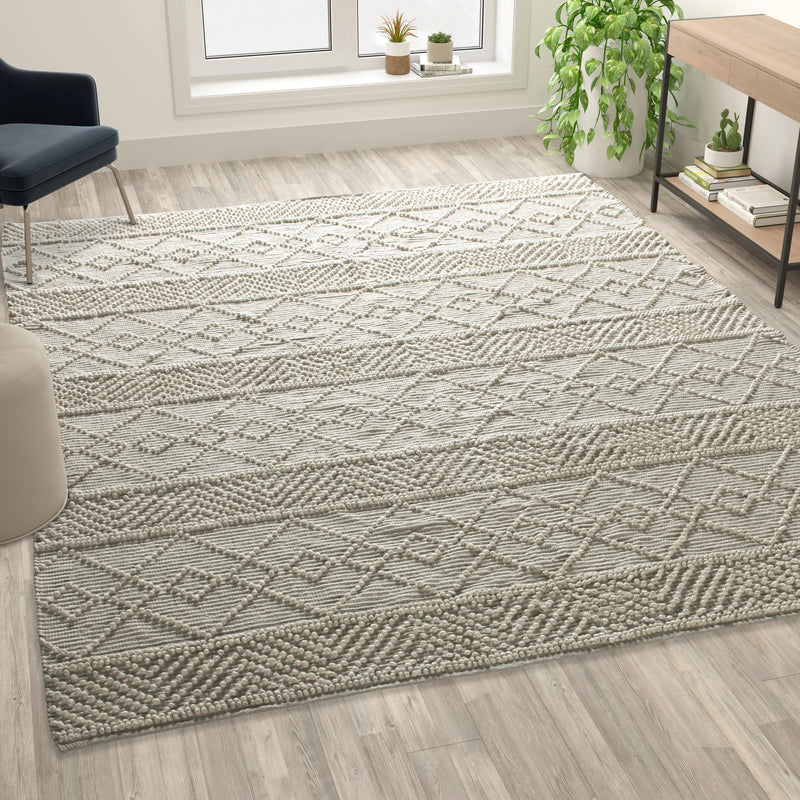 Casey Collection 8' x 10' Ivory Geometric Design Handwoven Area Rug - Wool/Polyester/CottonÂ Blend iHome Studio