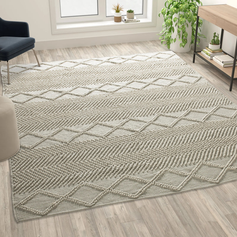 Casey Collection 8' x 10' White & Ivory Geometric Design Handwoven Area Rug - Wool/Polyester/CottonÂ Blend iHome Studio