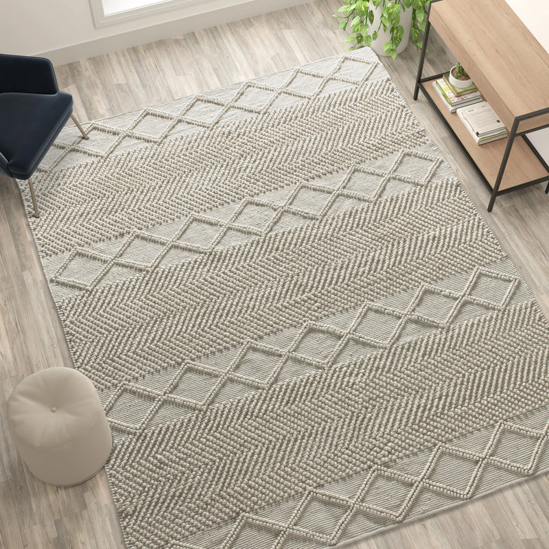 Casey Collection 8' x 10' White & Ivory Geometric Design Handwoven Area Rug - Wool/Polyester/CottonÂ Blend iHome Studio