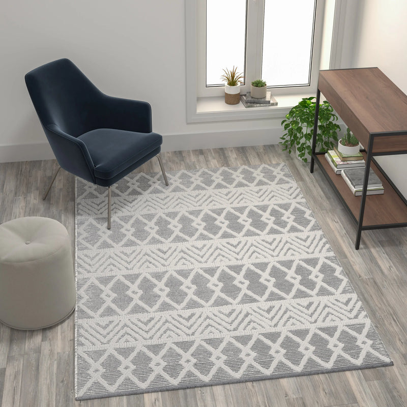 Casey Collection Indoor Geometric 5'x7' Area Rug - Hand Woven Gray Area Rug with Ivory Diamond Pattern, Polyester/Cotton Blend iHome Studio