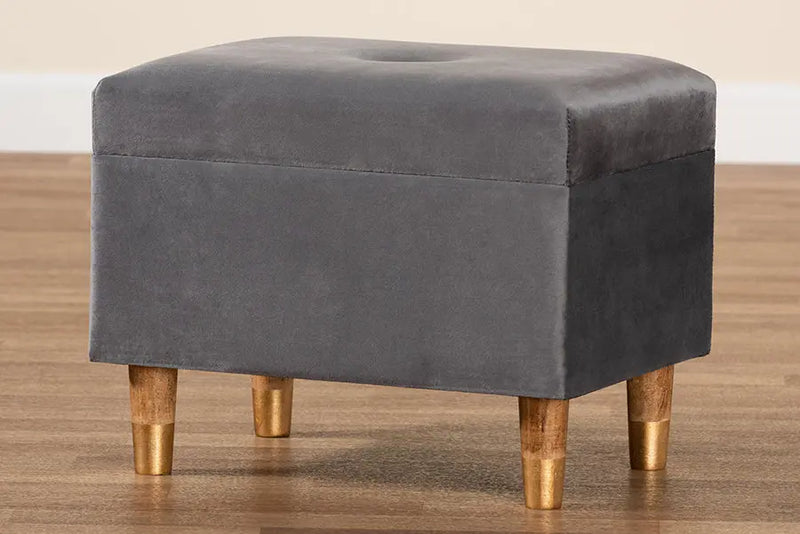 Cassandra Grey Velvet Fabric Upholstered/Oak Brown Finished Wood Storage Ottoman iHome Studio