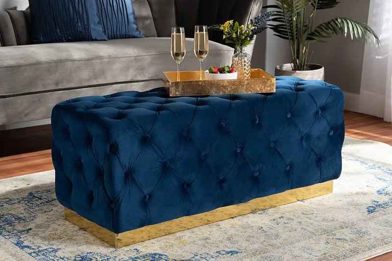 Cassandra Navy Blue Velvet Fabric Upholstered/Gold PU Leather Ottoman iHome Studio