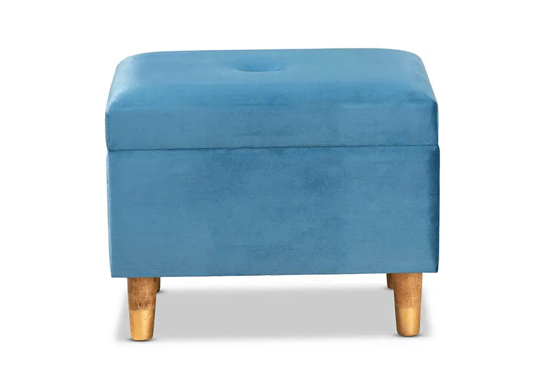 Cassandra Sky Blue Velvet Fabric Upholstered/Oak Brown Finished Wood Storage Ottoman iHome Studio