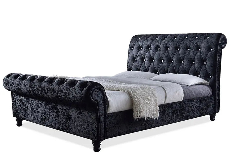 Castello Black Velvet Upholstered Faux Crystal-Buttoned Platform Bed (King) iHome Studio