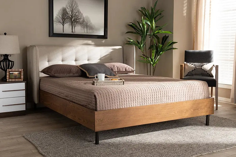 Catarina Light Beige Fabric Upholstered Walnut Wood Wingback Platform Bed (King) iHome Studio