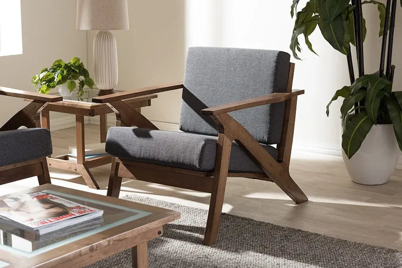 Cayla Grey Fabric and "Walnut" Brown Wood Living Room 1-Seater Lounge Chair iHome Studio