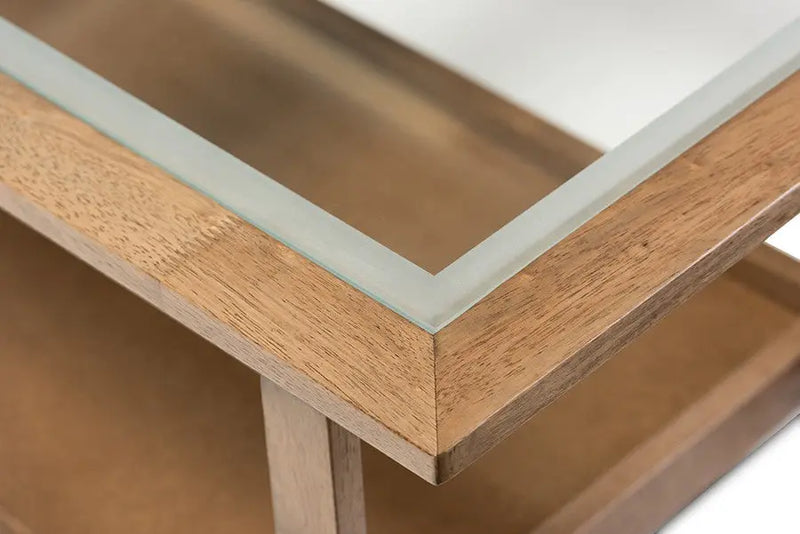 Cayla Mid-Century Modern "Walnut" Brown Wood Living Room Glass-Top Coffee Table iHome Studio