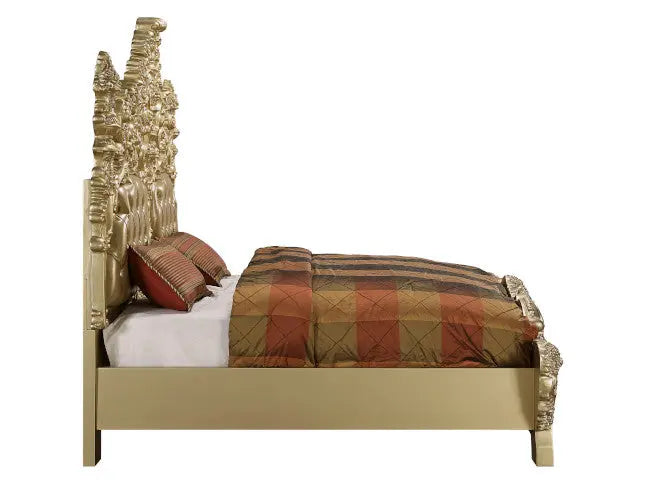 Cesar King Bed, Tan Faux Leather & Gold Finish iHome Studio