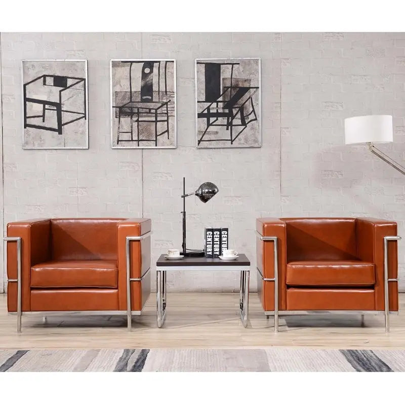 Chancellor "Jacy" Cognac Leather Modern Reception/Guest Chair w/Encasing Frame iHome Studio