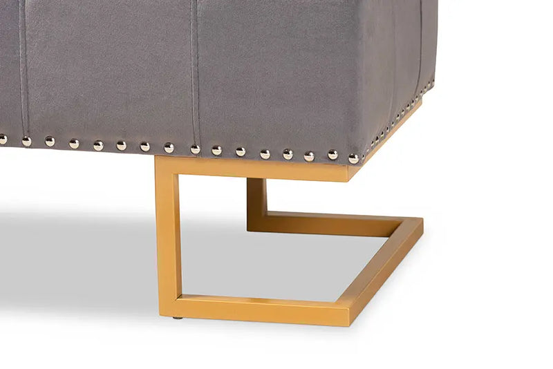 Charlotte Grey Velvet Fabric Upholstered/Gold Finished Metal Storage Ottoman iHome Studio