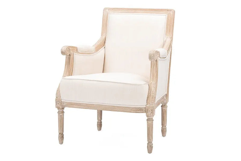 Chavanon Wood &  Light Beige Linen Traditional French Accent Chair iHome Studio