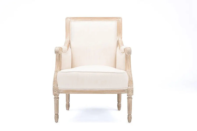 Chavanon Wood &  Light Beige Linen Traditional French Accent Chair iHome Studio