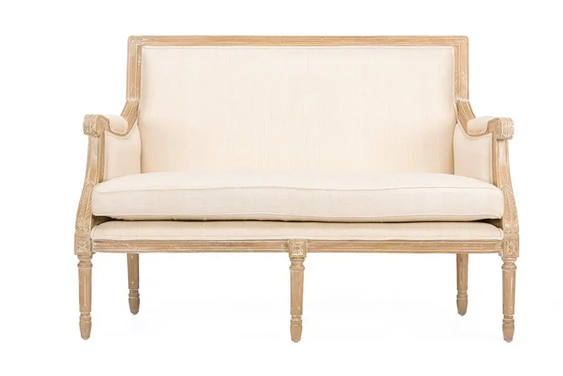 Chavanon Wood & Light Beige Linen Traditional French Loveseat iHome Studio