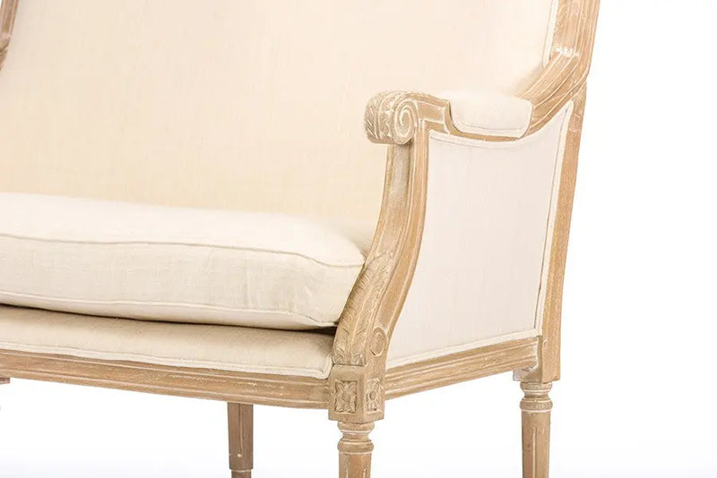 Chavanon Wood & Light Beige Linen Traditional French Loveseat iHome Studio