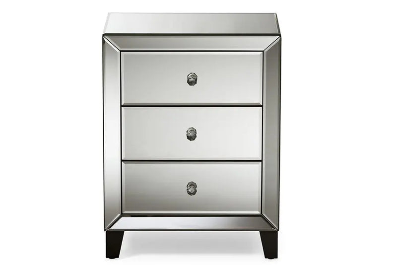 Chevron Hollywood Regency Glamour Style Mirrored 3-Drawers Nightstand Bedside Table iHome Studio