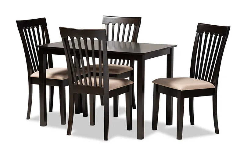 Chico Sand Fabric Upholstered Espresso Brown Finished Wood 5pcs Dining Set iHome Studio