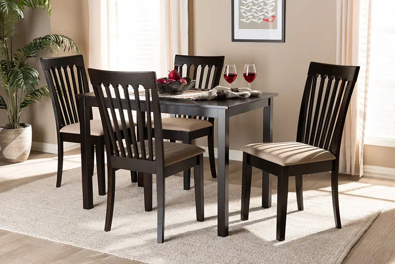 Chico Sand Fabric Upholstered Espresso Brown Finished Wood 5pcs Dining Set iHome Studio