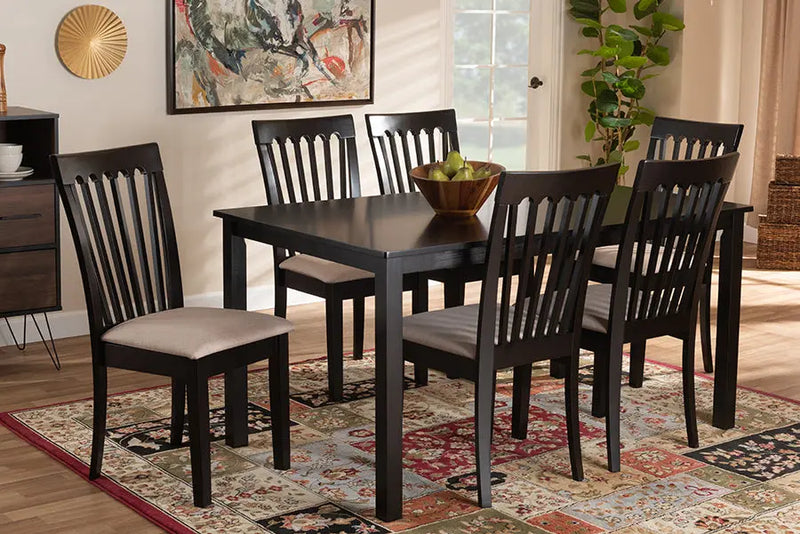 Chico Sand Fabric Upholstered Espresso Brown Finished Wood 7pcs Dining Set iHome Studio