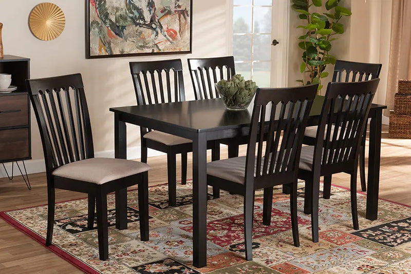 Chico Sand Fabric Upholstered Espresso Brown Finished Wood 7pcs Dining Set iHome Studio