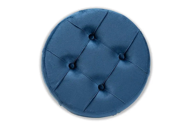 Christian Navy Blue Velvet Fabric Upholstered Gold Finished Button Tufted Ottoman iHome Studio