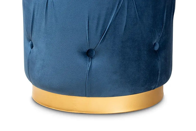 Christian Navy Blue Velvet Fabric Upholstered Gold Finished Button Tufted Ottoman iHome Studio