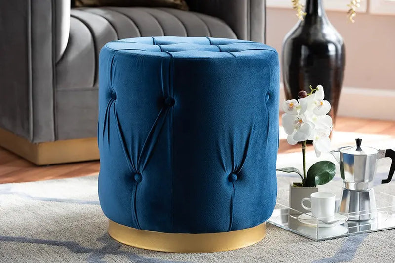 Christian Navy Blue Velvet Fabric Upholstered Gold Finished Button Tufted Ottoman iHome Studio