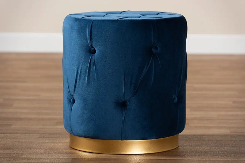 Christian Navy Blue Velvet Fabric Upholstered Gold Finished Button Tufted Ottoman iHome Studio