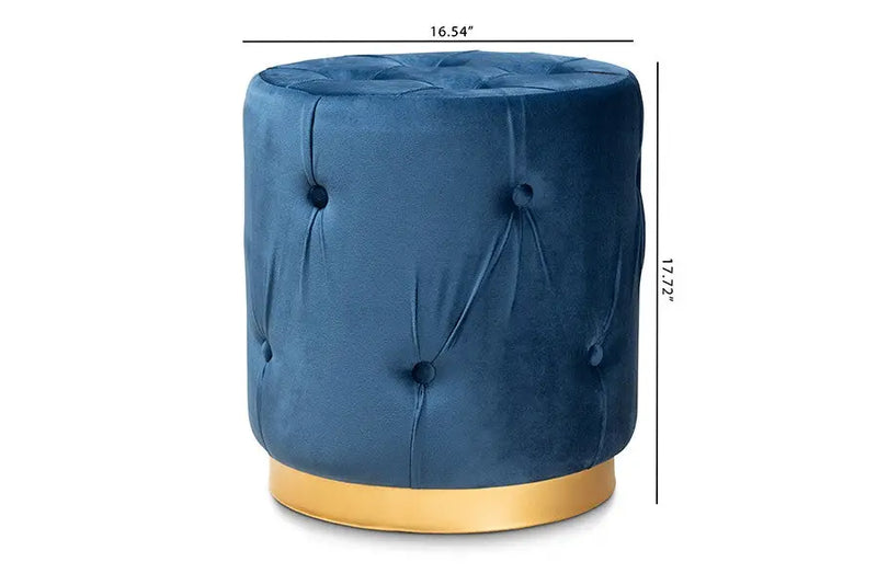 Christian Navy Blue Velvet Fabric Upholstered Gold Finished Button Tufted Ottoman iHome Studio