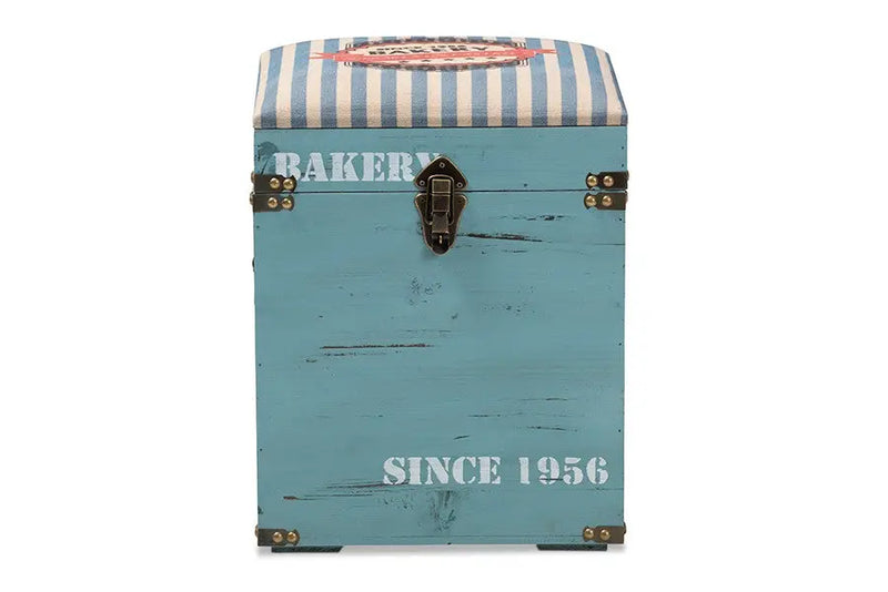 Christopher Striped Fabric Upholstered Light Blue Finished Wood Storage Trunk Ottoman iHome Studio