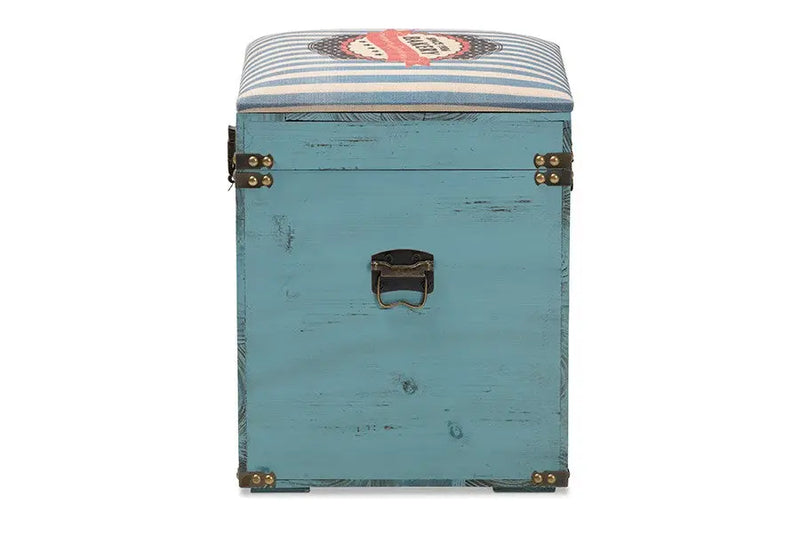 Christopher Striped Fabric Upholstered Light Blue Finished Wood Storage Trunk Ottoman iHome Studio