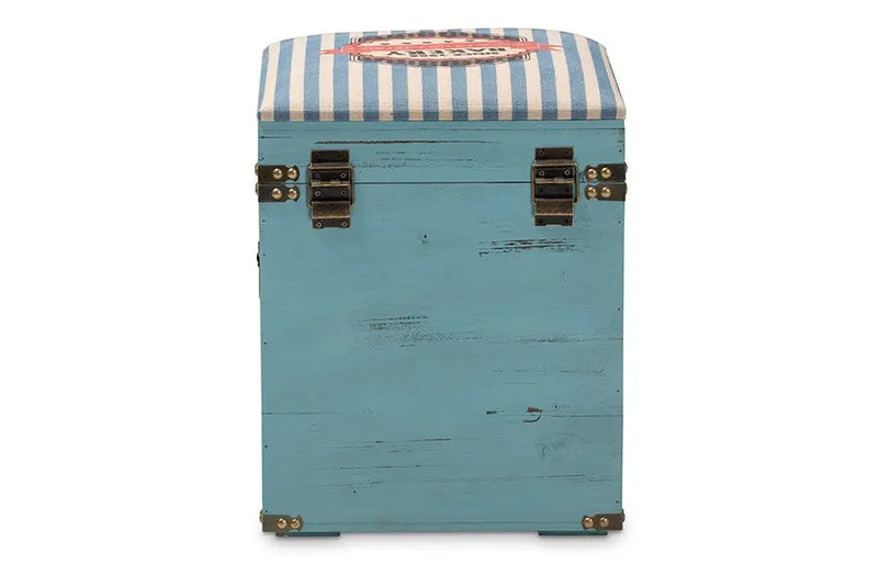 Christopher Striped Fabric Upholstered Light Blue Finished Wood Storage Trunk Ottoman iHome Studio