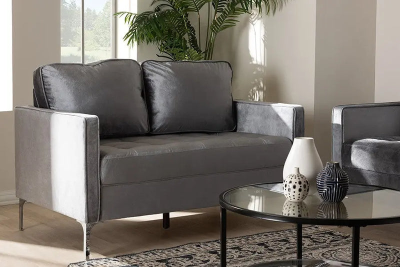 Clara Grey Velvet Fabric Upholstered 2-Seater Loveseat iHome Studio