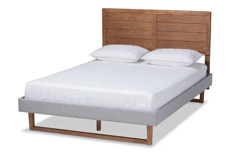 Clare Light Gray Fabric Walnut Brown Wood Platform Bed (Full) iHome Studio