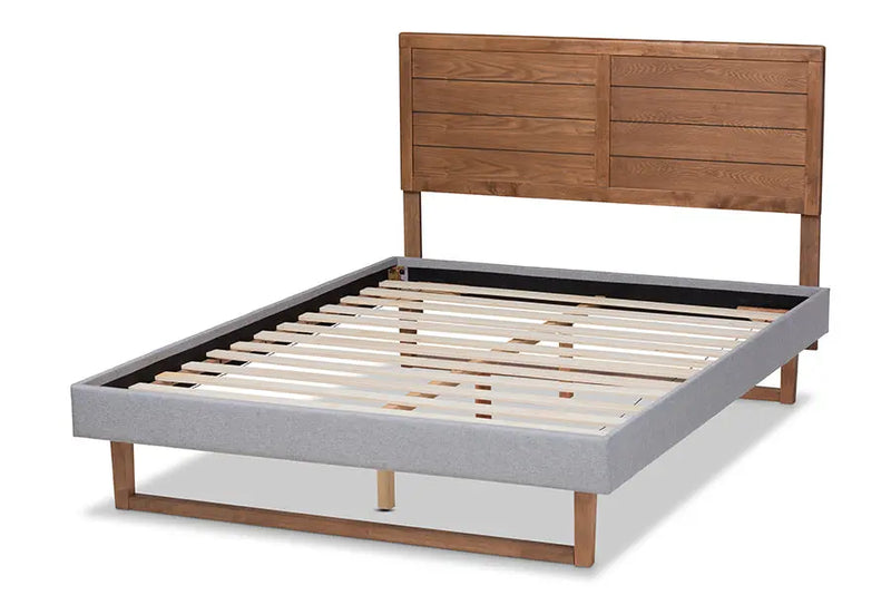 Clare Light Gray Fabric Walnut Brown Wood Platform Bed (Full) iHome Studio