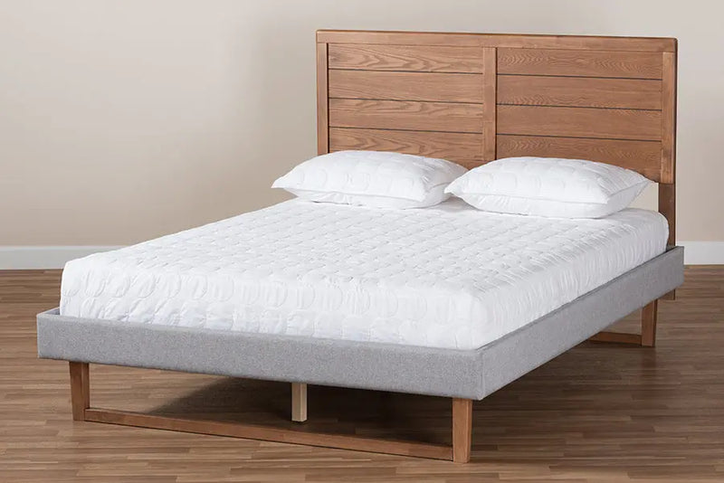 Clare Light Gray Fabric Walnut Brown Wood Platform Bed (Full) iHome Studio